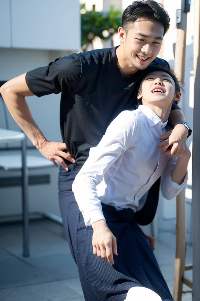 (Create a masterpiece: 1.2),(CGI art:1.3),(realistic:1.5),(After processing:1.3), (Sharp focus:1.3), 1 man, open mouth, smile, (Navy blue round neck shirt), Navy cargo pants, Korean guy , korean men, (High gloss details), chest muscles, large arm muscles, blood vessel, Big muscles, Broad shoulders, looking at the audience, Balancing the eyes, Seaside, beach, sunlight, running towards the camera