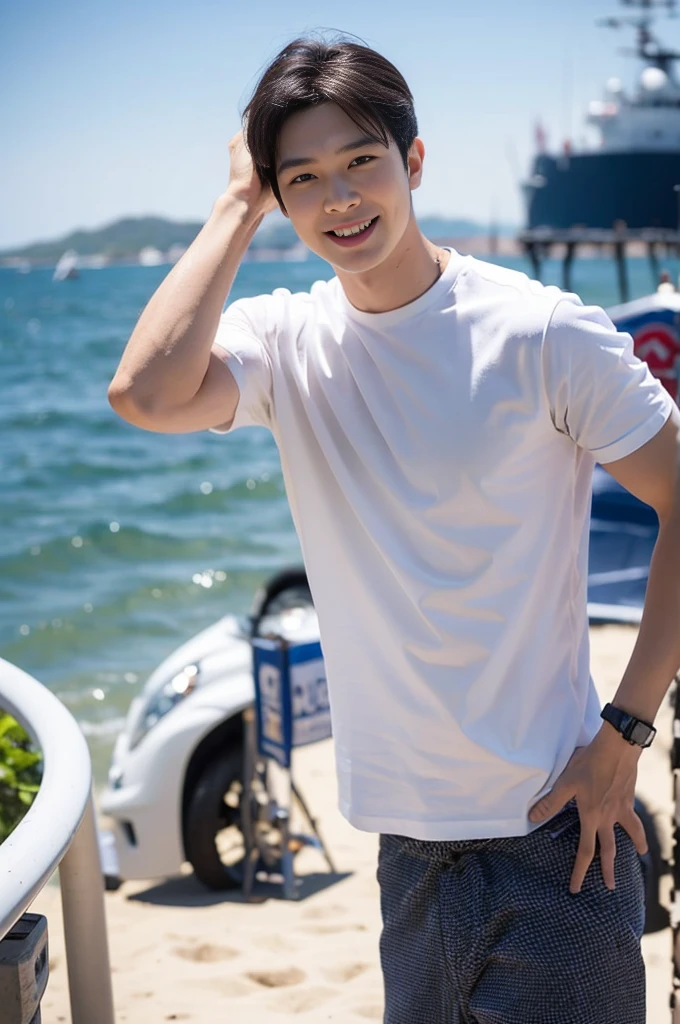 (Create a masterpiece: 1.2),(CGI art:1.3),(realistic:1.5),(After processing:1.3), (Sharp focus:1.3), 1 man, open mouth, smile, (Navy blue round neck shirt), Navy cargo pants, Korean guy , korean men, (High gloss details), chest muscles, large arm muscles, blood vessel, Big muscles, Broad shoulders, looking at the audience, Balancing the eyes, Seaside, beach, sunlight, running towards the camera