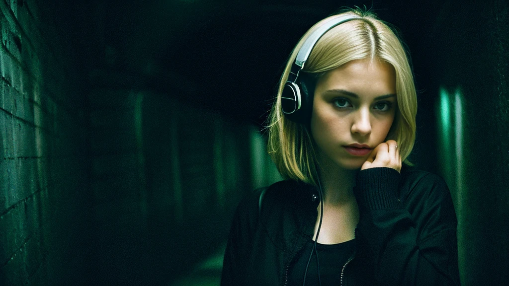 Beautiful blonde with big breasts in black mode casual (In a dark tunnel、sit),Wearing headphones,Very detailed, 21 years old, Innocent face, Bob Hair, blue eyes, High resolution, masterpiece, Highest quality, Intricate details, Very detailed, Clear focus, Delicate skin, practical skin texture, texture, Delicate eyes, Professional, 4K, Sad face,despair、 Shot with Canon, 85mm, Shallow and deep,  Kodak Vision Color, Exactly, Very detailed, photograph_\(Extremist\), photographpractical, practical, Post-processing, Maximum details, Roughness, Real Life, Extremist practical, Photorealism, photographgraphy, 8K Ultra HD, photographgraphy