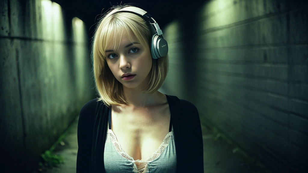 Beautiful blonde with big breasts in black mode casual (In a dark tunnel、sit),Wearing headphones,Very detailed, 21 years old, Innocent face, Bob Hair, blue eyes, High resolution, masterpiece, Highest quality, Intricate details, Very detailed, Clear focus, Delicate skin, practical skin texture, texture, Delicate eyes, Professional, 4K, Sad face,despair、 Shot with Canon, 85mm, Shallow and deep, Kodak Vision Color, Exactly, Very detailed, photograph_\(Extremist\), photographpractical, practical, Post-processing, Maximum details, Roughness, Real Life, Extremist practical, Photorealism, photographgraphy, 8K Ultra HD, photographgraphy