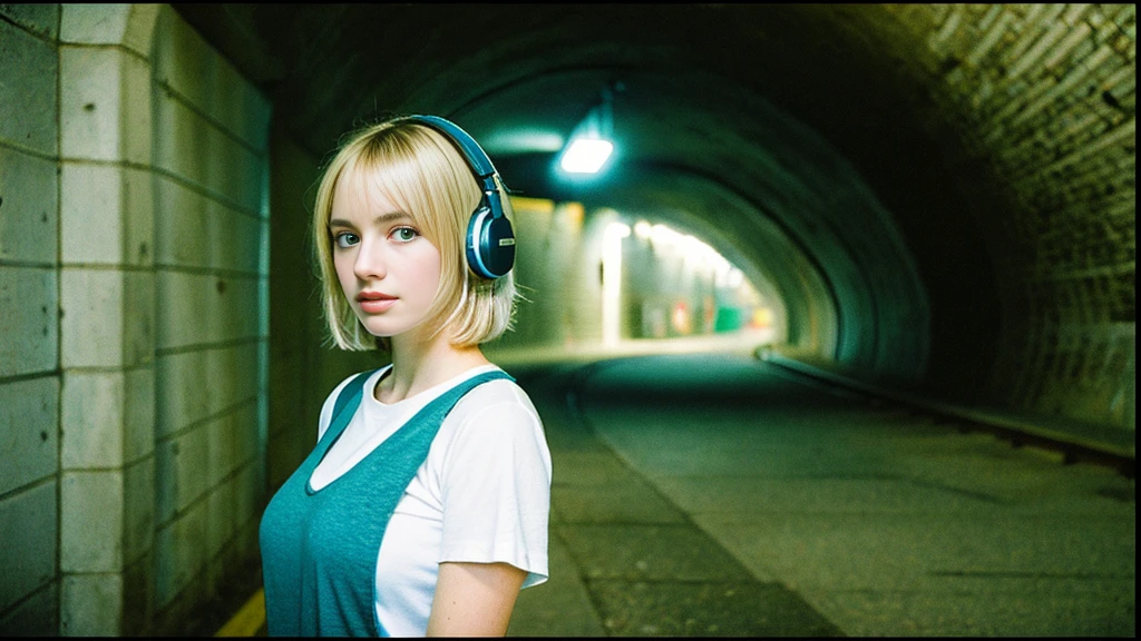 Beautiful blonde with big breasts in a T-shirt (In the tunnel late at night、walk),Wearing headphones,Very detailed, 21 years old, Innocent face, Bob Hair, blue eyes, High resolution, masterpiece, Highest quality, Intricate details, Very detailed, Clear focus, Delicate skin, practical skin texture, texture, Delicate eyes, Professional, 4K, Sad face,despair、 Shot with Canon, 85mm, Shallow and deep,  Kodak Vision Color, Exactly, Very detailed, photograph_\(Extremist\), photographpractical, practical, Post-processing, Maximum details, Roughness, Real Life, Extremist practical, Photorealism, photographgraphy, 8K Ultra HD, photographgraphy