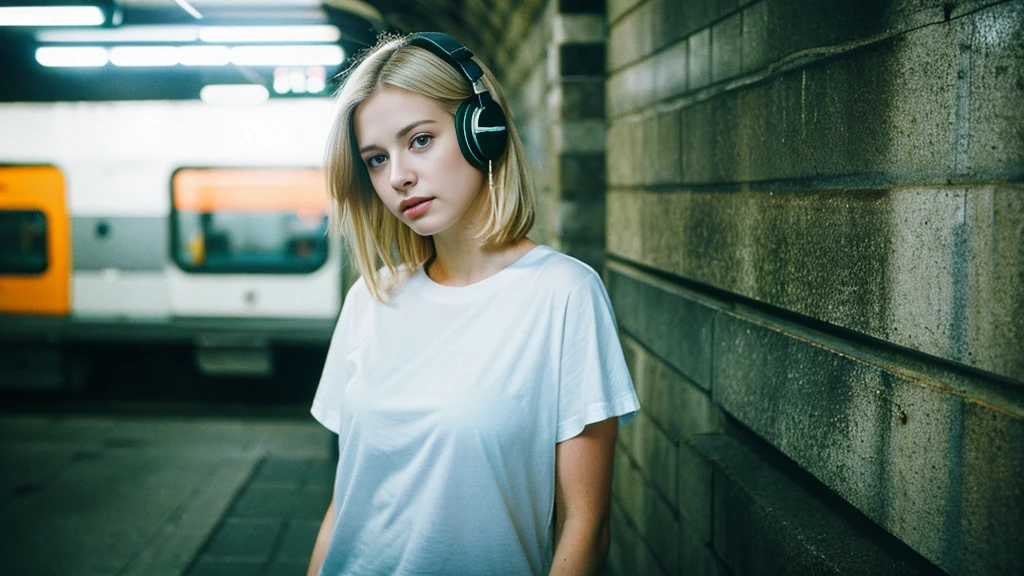 Beautiful blonde with big breasts in a T-shirt (In the tunnel late at night、walk),Wearing headphones,Very detailed, 21 years old, Innocent face, Bob Hair, blue eyes, High resolution, masterpiece, Highest quality, Intricate details, Very detailed, Clear focus, Delicate skin, practical skin texture, texture, Delicate eyes, Professional, 4K, Sad face,despair、 Shot with Canon, 85mm, Shallow and deep, Kodak Vision Color, Exactly, Very detailed, photograph_\(Extremist\), photographpractical, practical, Post-processing, Maximum details, Roughness, Real Life, Extremist practical, Photorealism, photographgraphy, 8K Ultra HD, photographgraphy