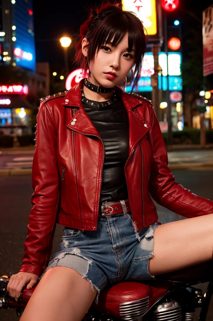 Downtown at night、Japanese young beautiful girl idol、Red Mohawk、Punk Fashion、Expose large breasts、Leather jacket with studs、Naked with a guitar between his legs、Tattoo、Giving a blowjob to an old man's erect penis、Spread your legs and expose your genitals