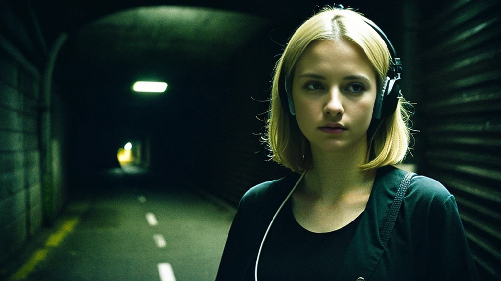 Beautiful blonde with big breasts in black mode casual (In a dark tunnel、sit),Wearing headphones,Very detailed, 21 years old, Innocent face, Bob Hair, blue eyes, High resolution, masterpiece, Highest quality, Intricate details, Very detailed, Clear focus, Delicate skin, practical skin texture, texture, Delicate eyes, Professional, 4K, Sad face,despair、 Shot with Canon, 85mm, Shallow and deep, Kodak Vision Color, Exactly, Very detailed, photograph_\(Extremist\), photographpractical, practical, Post-processing, Maximum details, Roughness, Real Life, Extremist practical, Photorealism, photographgraphy, 8K Ultra HD, photographgraphy
