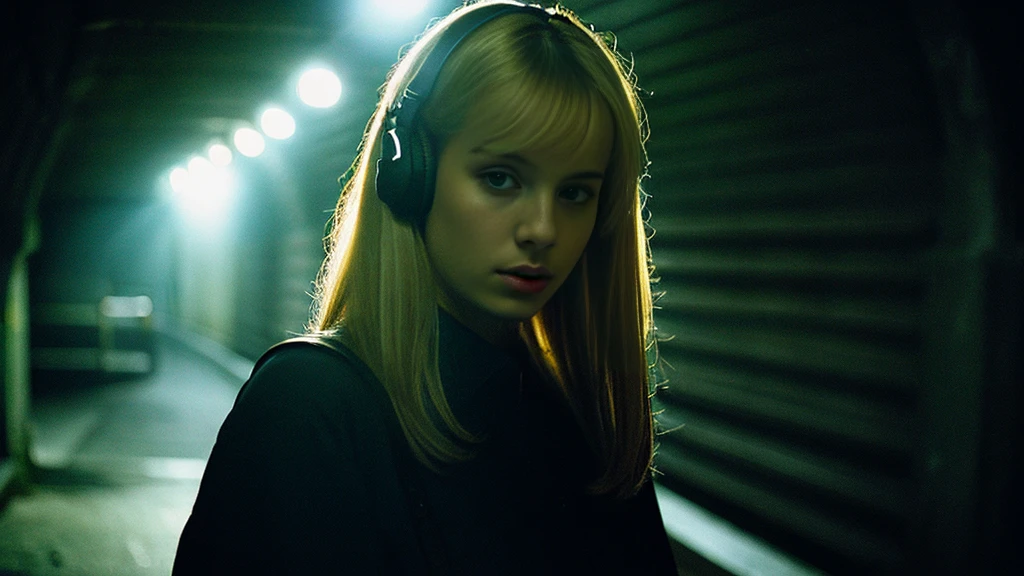 Beautiful blonde with big breasts in black mode casual (In a dark tunnel、sit),Wearing headphones,Very detailed, 21 years old, Innocent face, Bob Hair, blue eyes, High resolution, masterpiece, Highest quality, Intricate details, Very detailed, Clear focus, Delicate skin, practical skin texture, texture, Delicate eyes, Professional, 4K, Sad face,despair、 Shot with Canon, 85mm, Shallow and deep,  Kodak Vision Color, Exactly, Very detailed, photograph_\(Extremist\), photographpractical, practical, Post-processing, Maximum details, Roughness, Real Life, Extremist practical, Photorealism, photographgraphy, 8K Ultra HD, photographgraphy