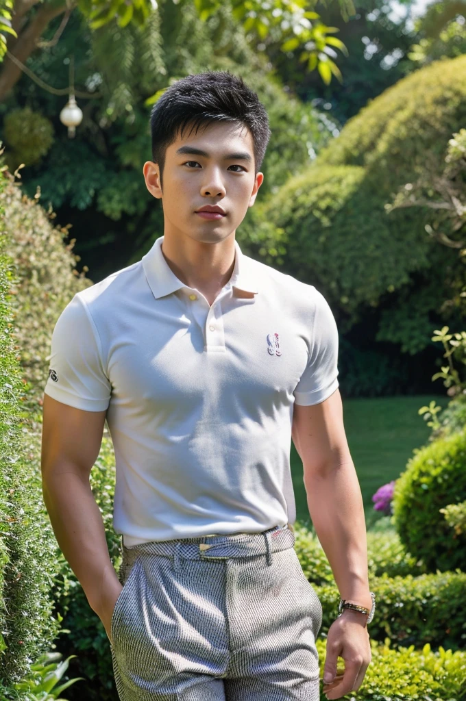 25 year old muscular Asian man, The face looks like that of an Indonesian artist., Bold and cool, Wear a tight white polo shirt., chest visible, Wear black trousers., ((in wonderland)), Pose, Photo model, Very high quality, Very high resolution,