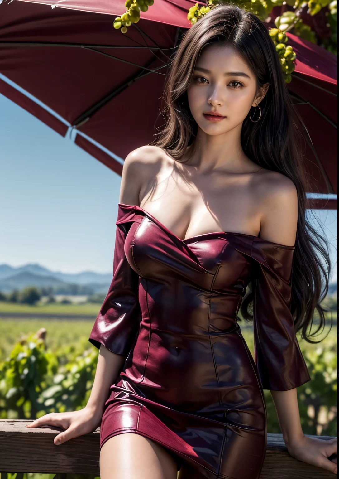 a beautiful Korean young Office girl, (((16 years young girl))), detailed face with beautiful eyes and lips, long black hair, stylish hair, hair pin, romantic Eyes, beautiful eyes, smiley face, happy face, glow face, pretty face, super round young breasts, glow skin, bright skin, realistic skin, realistic smile, cutest smile, pretty smile, realistic body, slender, perfect body figure, standing, ((burgundy colour Glitter above knee length Short-Sleeve Off-Shoulder Plain Mini Sheath Dress)), ((ultra detailed burgundy colour Short-Sleeve Off-Shoulder Plain Mini Sheath Dress)), detailed dress, stylish dress, stylish uniform, High resolution dress quality, stylish look, stylish angle, standing in a black Merlot grape vine orchard, surrounded by ripe black grapes, beautiful ripe orchards, detailed ripe black Merlot grapes, wine and Merlot grapes, black Merlot grape trees, detailed Merlot grapes, many Merlot grape bunches in ripe orchard, detailed grape trees, black grape ripe Italy, Italian black grape ripe forming fields, black grape ripe forming, detailed black grape ripe forming harvest, ((one hand playing with her hair another hand on chest angle)), (standing), dynamic angle, photorealistic, realistic, masterpiece, ultra-detailed,8k, (best quality,8k,highres,masterpiece:1.2),ultra-detailed,(realistic,photorealistic,photo-realistic:1.37), highly detailed, cinematic lighting, vibrant colors, warm tones, masterpiece, highres, warm lighting, vibrant colors, soft focus, elegant, cinematic, highly detailed, professional digital art, UHD, Ultra HD, ultra realistic, hyper realistic, ultra sharp, vivid, realistic atmosphere, Beautiful rally atmosphere in background, beautiful background, detailed black grapes ripe harvest background, hyper-detailed background, cinematic photography, award winning Photography, Very High Resolution picture quality, full-body shot,