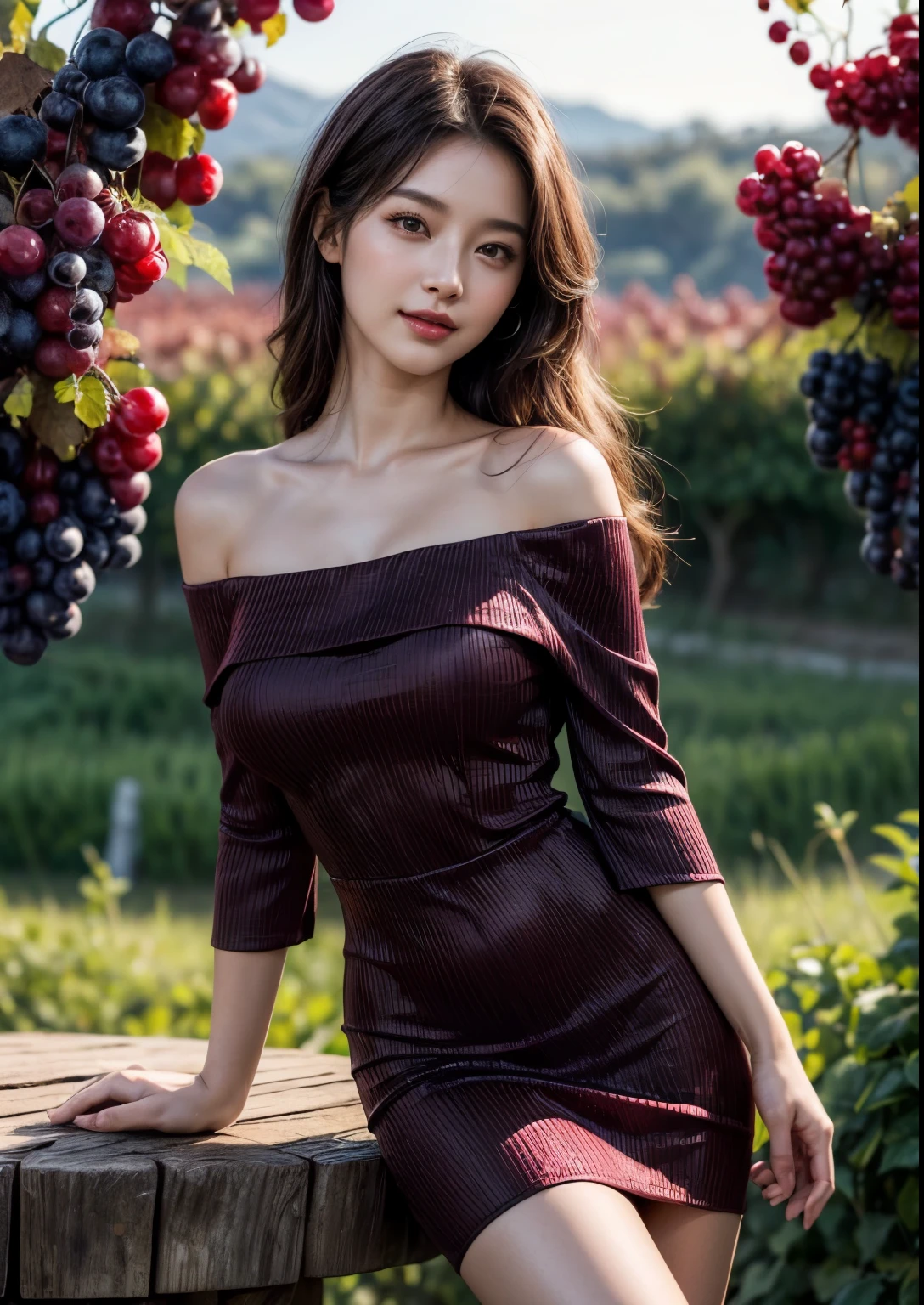a beautiful Korean young Office girl, (((16 years young girl))), detailed face with beautiful eyes and lips, long black hair, stylish hair, hair pin, romantic Eyes, beautiful eyes, smiley face, happy face, glow face, pretty face, super round young breasts, glow skin, bright skin, realistic skin, realistic smile, cutest smile, pretty smile, realistic body, slender, perfect body figure, standing, ((burgundy colour Glitter above knee length Short-Sleeve Off-Shoulder Plain Mini Sheath Dress)), ((ultra detailed burgundy colour Short-Sleeve Off-Shoulder Plain Mini Sheath Dress)), detailed dress, stylish dress, stylish uniform, High resolution dress quality, stylish look, stylish angle, standing in a black Merlot grape vine orchard, surrounded by ripe black grapes, beautiful ripe orchards, detailed ripe black Merlot grapes, wine and Merlot grapes, black Merlot grape trees, detailed Merlot grapes, many Merlot grape bunches in ripe orchard, detailed grape trees, black grape ripe Italy, Italian black grape ripe forming fields, black grape ripe forming, detailed black grape ripe forming harvest, ((one hand playing with her hair another hand on chest angle)), (standing), dynamic angle, photorealistic, realistic, masterpiece, ultra-detailed,8k, (best quality,8k,highres,masterpiece:1.2),ultra-detailed,(realistic,photorealistic,photo-realistic:1.37), highly detailed, cinematic lighting, vibrant colors, warm tones, masterpiece, highres, warm lighting, vibrant colors, soft focus, elegant, cinematic, highly detailed, professional digital art, UHD, Ultra HD, ultra realistic, hyper realistic, ultra sharp, vivid, realistic atmosphere, Beautiful rally atmosphere in background, beautiful background, detailed black grapes ripe harvest background, hyper-detailed background, cinematic photography, award winning Photography, Very High Resolution picture quality, full-body shot,