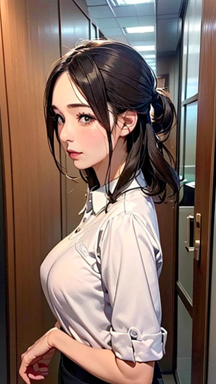 1 Woman, Japanese Woman,(Housewife:1.5),(40 Years Old:1.68),(Attractive Mature Woman:1.66),(Middle Age:1.78),(Small Round Face:1,69),(small breasts:1.5),(Casual, collared cutter shirts, buttons,long tight skirt),((office building entrances, rooms, automatic doors, lobbies))