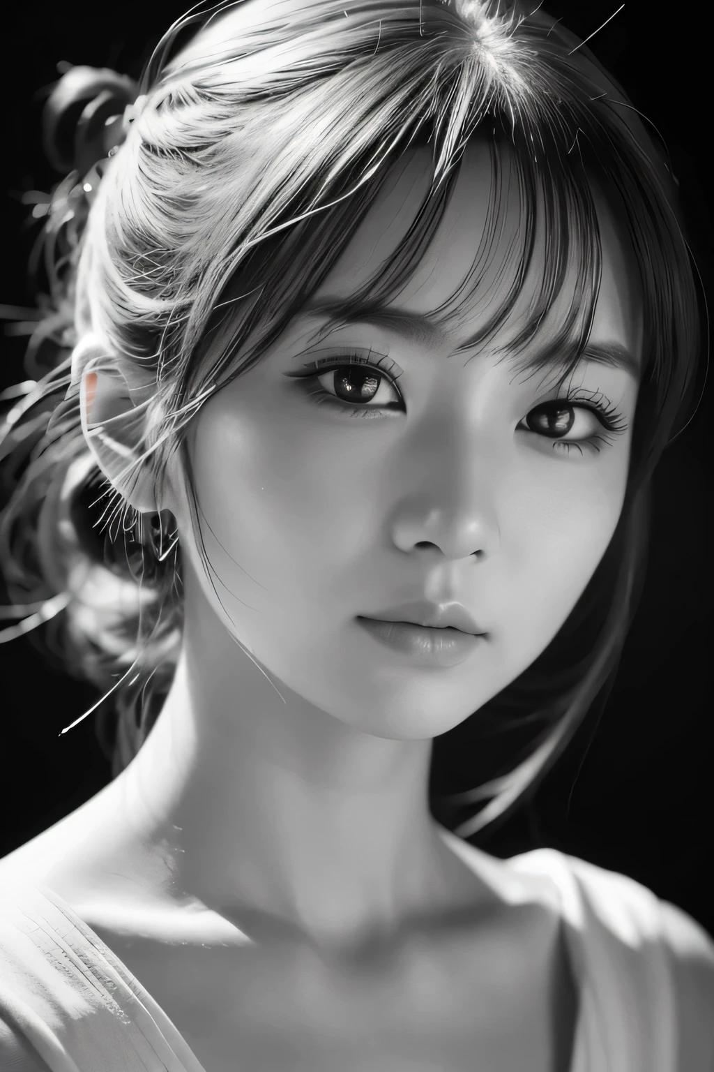 (Highest quality,Super detailed,Realistic),(Portraiture),(Black and White),(Soft lighting),(Beautiful Faces of Japan),(Detailed facial features),(White Background),(Line art),Anatomically correct