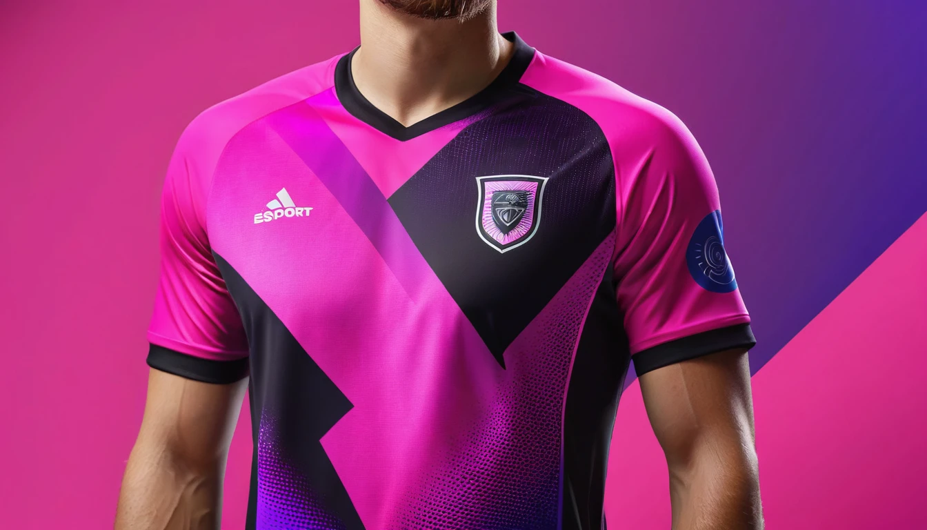 a close up of a soccer jersey with a pink and purple design, shirt design, tshirt design, t - shirt design, t-shirt design, neon pink and black color scheme, t shirt design, sports clothing, concept design, wearing a volleyball jersey, clothing concept, e-sport style, clothing design, sport clothing, professional sports style, realistic clothing