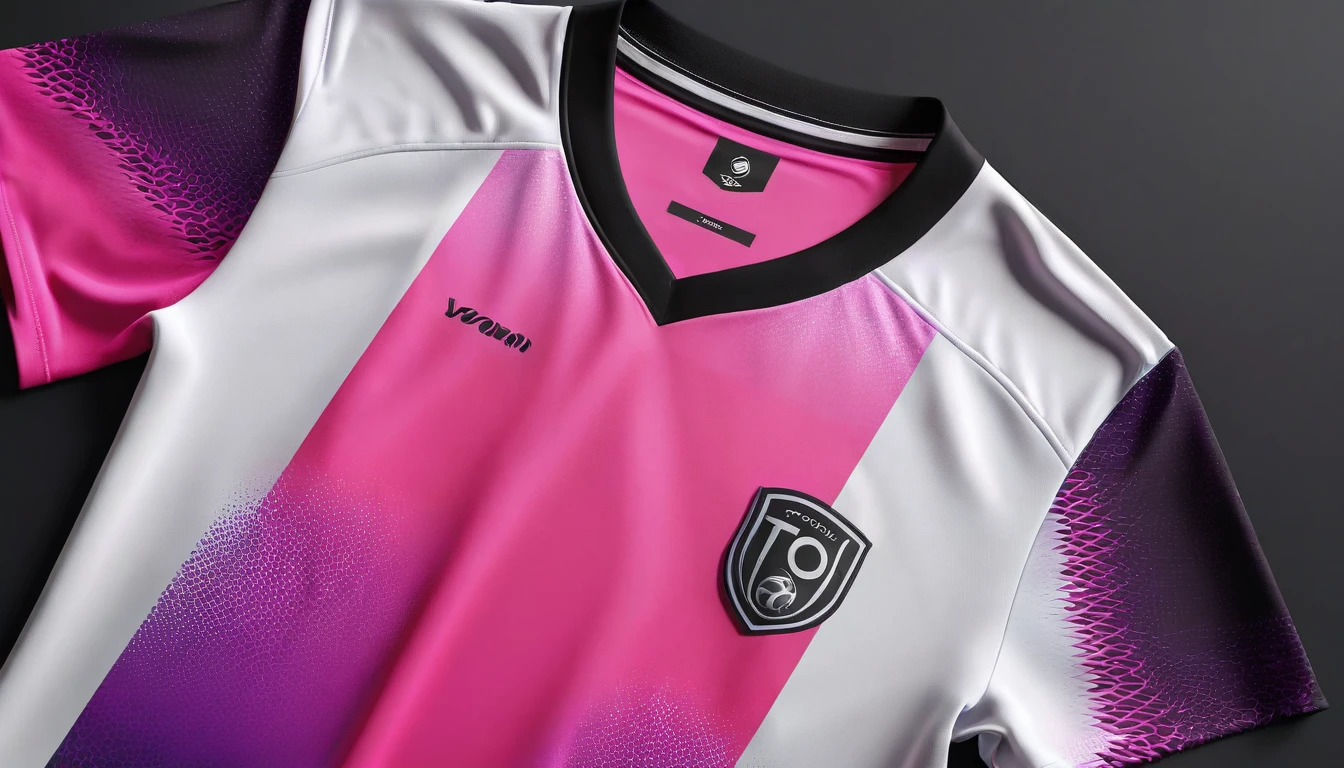 a close up of a soccer jersey with a pink and purple design, shirt design, tshirt design, t - shirt design, t-shirt design, neon pink and black color scheme, t shirt design, sports clothing, concept design, wearing a volleyball jersey, clothing concept, e-sport style, clothing design, sport clothing, professional sports style, realistic clothing