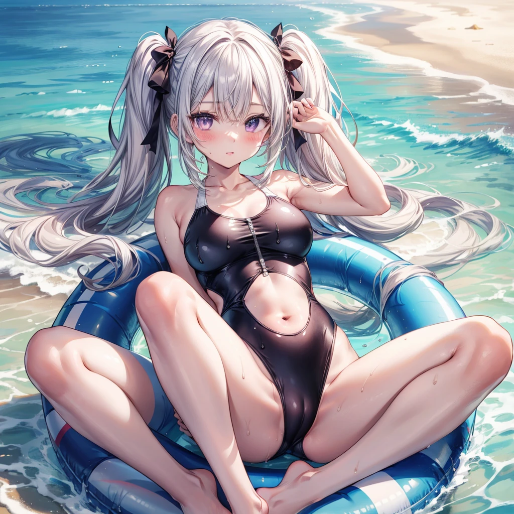 ((Highest quality)), ((masterpiece)), (detailed), an anime girl, in white bikini, on large circular floatie, 1girl, beach, 独奏, swimsuit, barefoot, one-piece swimsuit, sand, purple eyes, twintails, wet, spread legs, covered navel, breasts, lying, blush, on back, white one-piece swimsuit, looking at viewer, outdoors, long hair