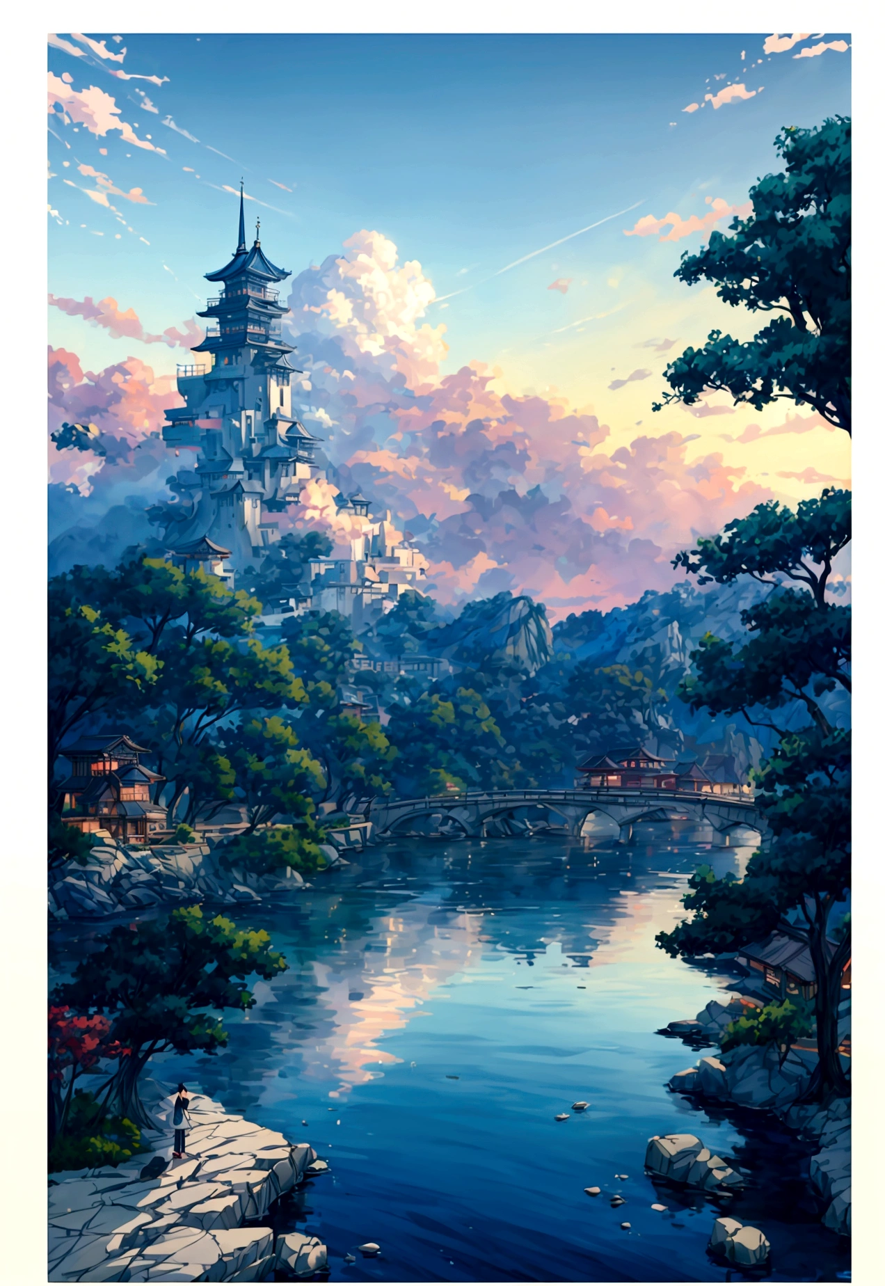 Anime scenery with a bench overlooking the water and mountains, 日本のAnime scenerys, Beautiful Japanese anime scenery, Beautiful anime scene, makoto shinkai's style, Anime Background, Anime scenery, Beautiful peaceful scene in anime, makoto shinkai. —h 2160, In the style of Makoto Shinkai, Anime Background Art, ( ( makoto shinkai ) )