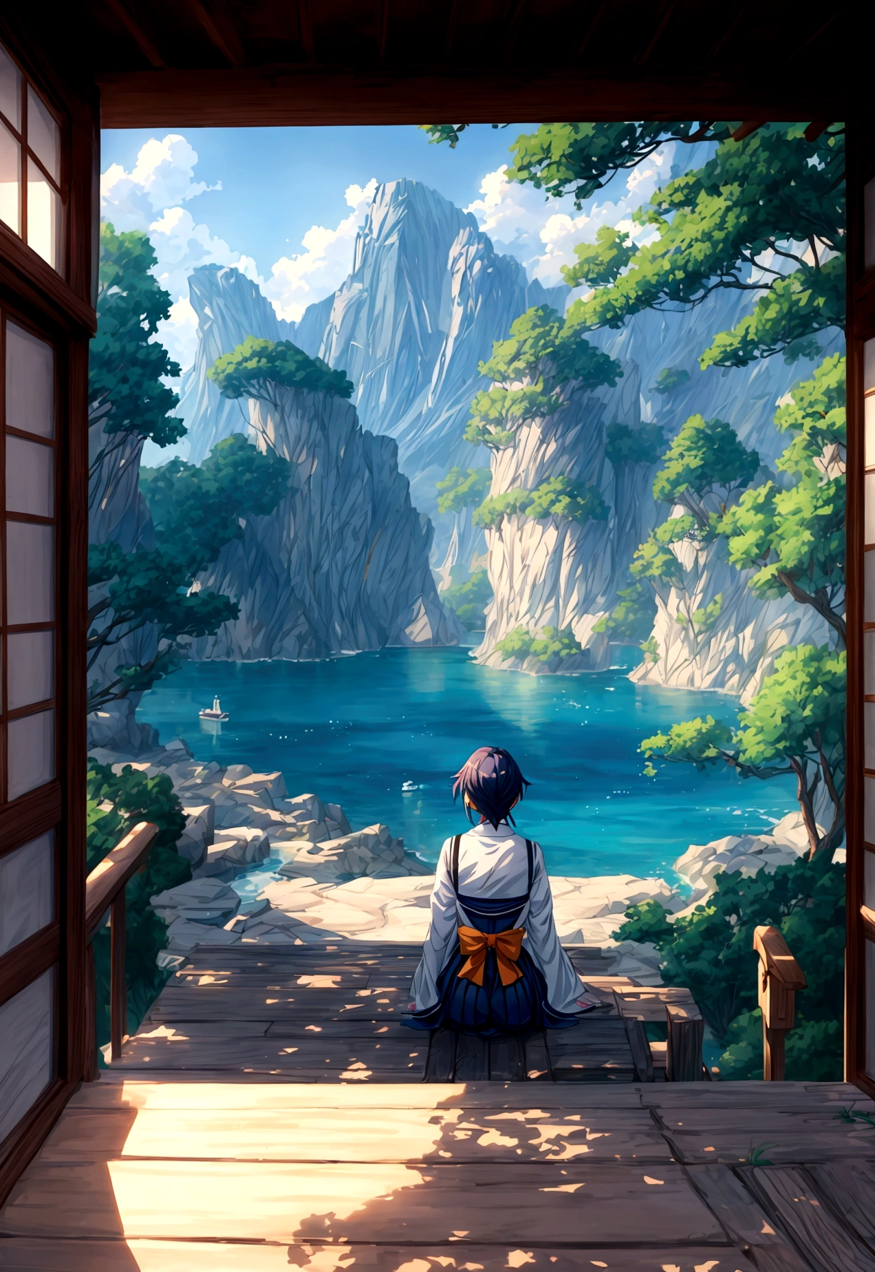 Anime scenery with a bench overlooking the water and mountains, 日本のAnime scenerys, Beautiful Japanese anime scenery, Beautiful anime scene, makoto shinkai's style, Anime Background, Anime scenery, Beautiful peaceful scene in anime, makoto shinkai. —h 2160, In the style of Makoto Shinkai, Anime Background Art, ( ( makoto shinkai ) )