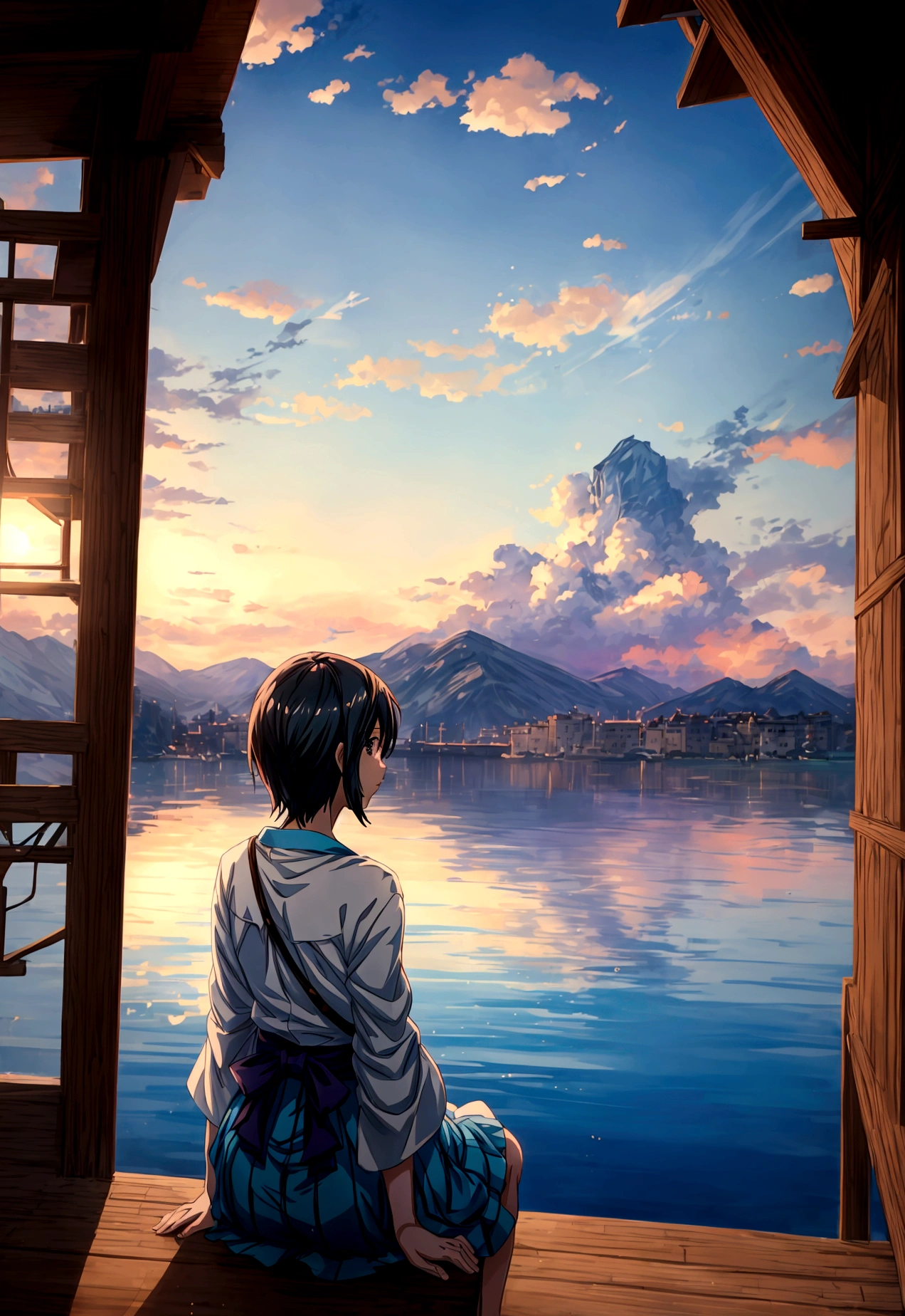 Anime scenery with a bench overlooking the water and mountains, 日本のAnime scenerys, Beautiful Japanese anime scenery, Beautiful anime scene, makoto shinkai's style, Anime Background, Anime scenery, Beautiful peaceful scene in anime, makoto shinkai. —h 2160, In the style of Makoto Shinkai, Anime Background Art, ( ( makoto shinkai ) )