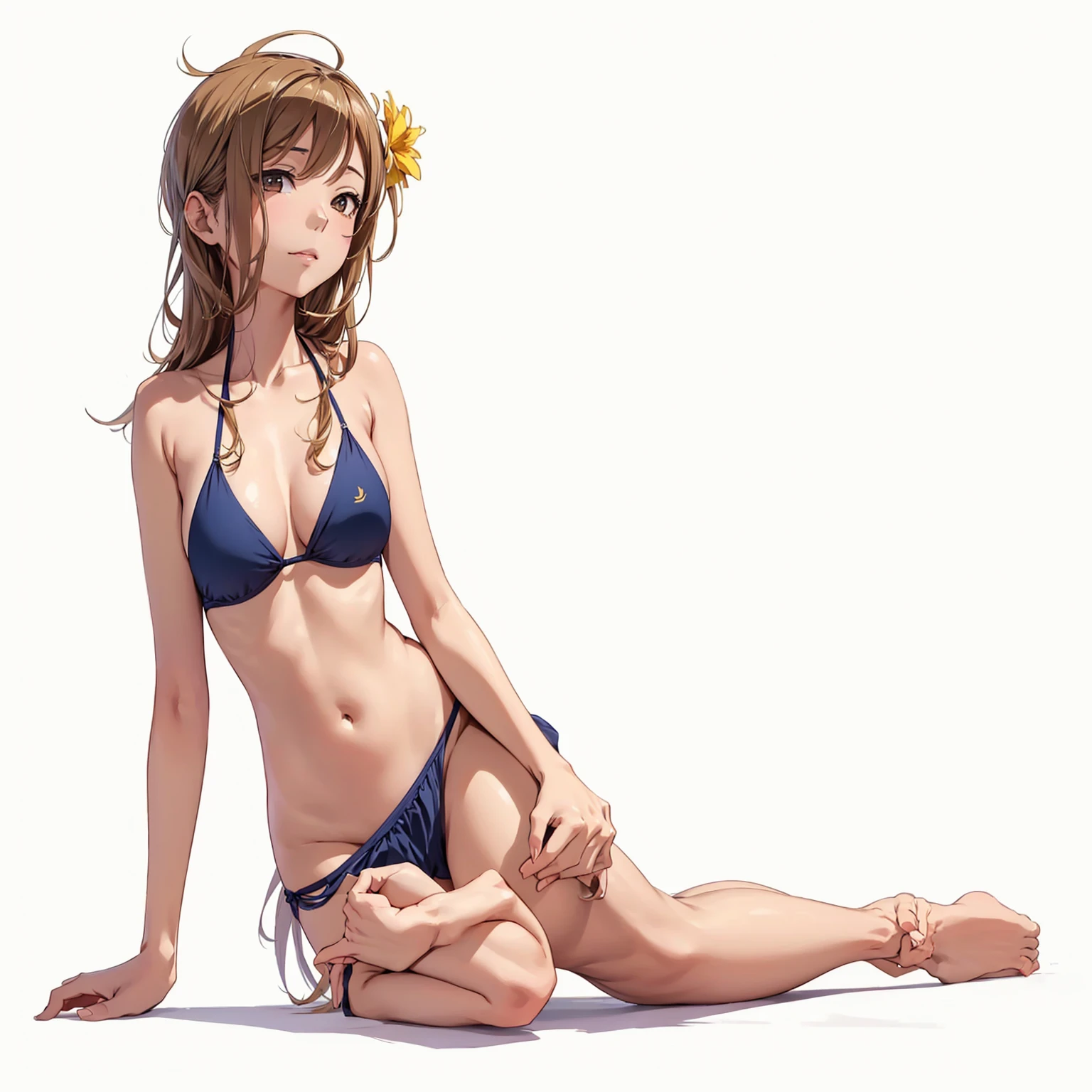 Hanamaru kunikida
in a bikini laying down on her side with her arm for support poseing