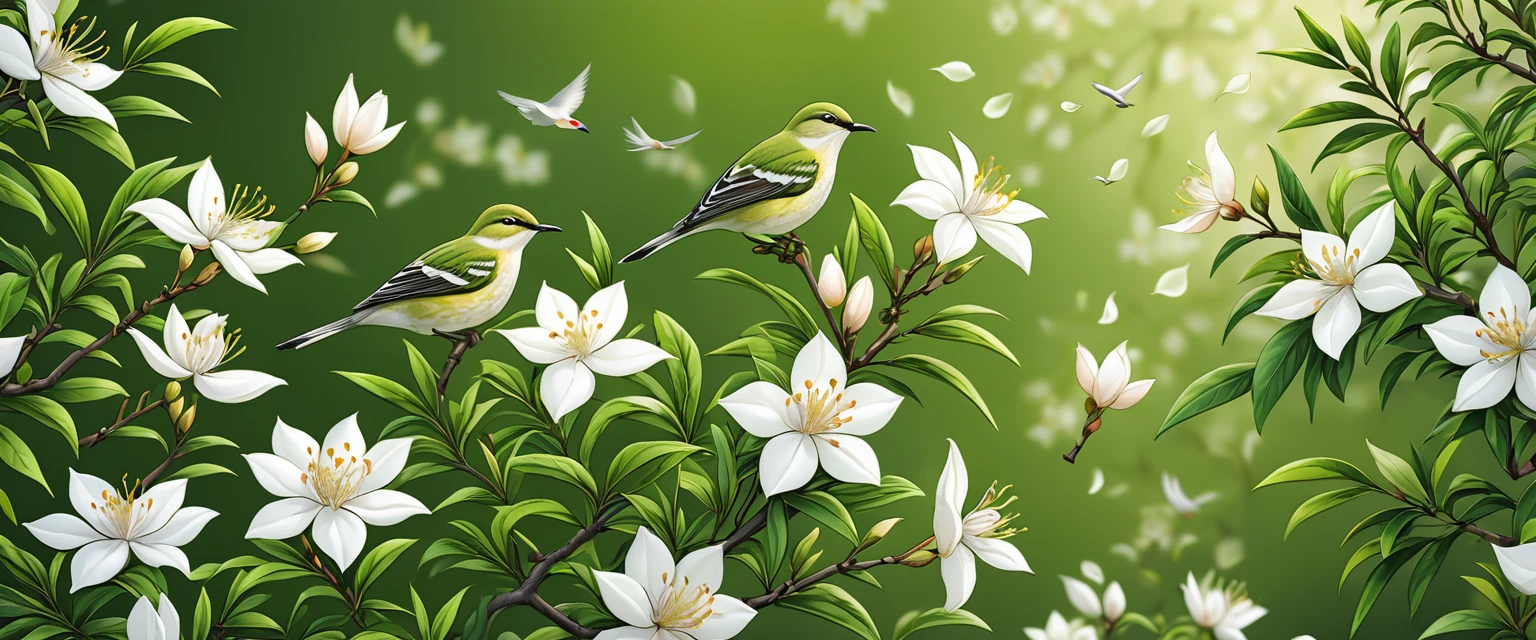 Beautiful and detailed tea tree jasmine flower and bird pattern, intricate floral design, Delicate petals,  Lush green tea trees, Dynamic Synthesis, Focus on focus, (best quality,4K,8K,high resolution,masterpiece:1.2),Extremely detailed,(Practical,photoPractical,photo-Practical:1.37),The art of math,illustration,Light and soft