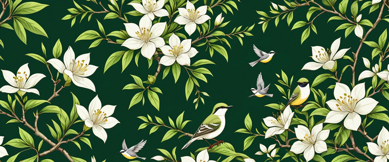 Beautiful and detailed tea tree jasmine flower and bird pattern, intricate floral design, Delicate petals, Lush green tea trees, Dynamic Synthesis, Focus on focus, (best quality,4K,8K,high resolution,masterpiece:1.2),Extremely detailed,(Practical,photoPractical,photo-Practical:1.37),The art of math,illustration,Light and soft