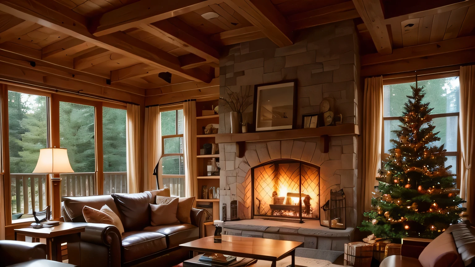 Woodsy log home construction, living room close up with fireplace and sofa, big window, fireplace lighting, cozy fireplace, warm interior, cozy contemporary living room, inviting ambiance, large living room setting, fresh modern look, modern style,. Warm Lighting Interior, Alighting Fireplace, Modern Rustic, Cozy and Serene, Cozy Atmosphere, Ambiance, Living Room Atmosphere, Warm Interior, Wall TV, High Ceiling