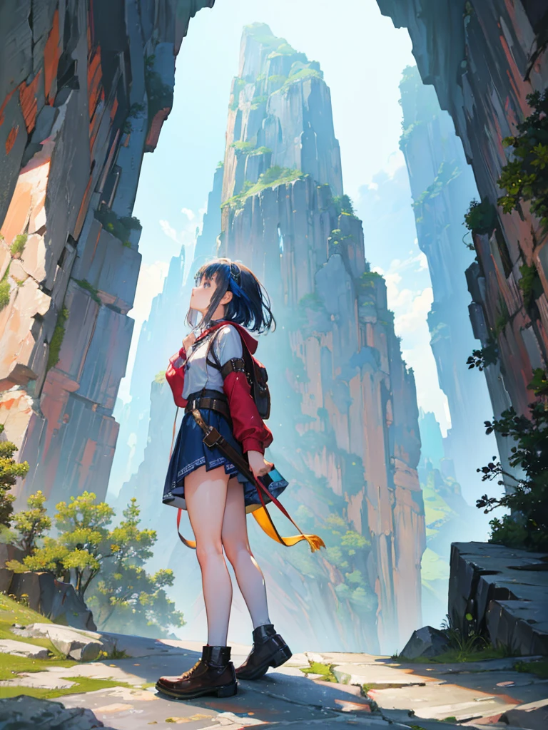 a young female  adventurer, she is standing in front of the tower, looking up, low angle, the background, A huge tower nestled in a magnificent canyon, magnificent and fantastic scenery, beautiful girl, vivid color