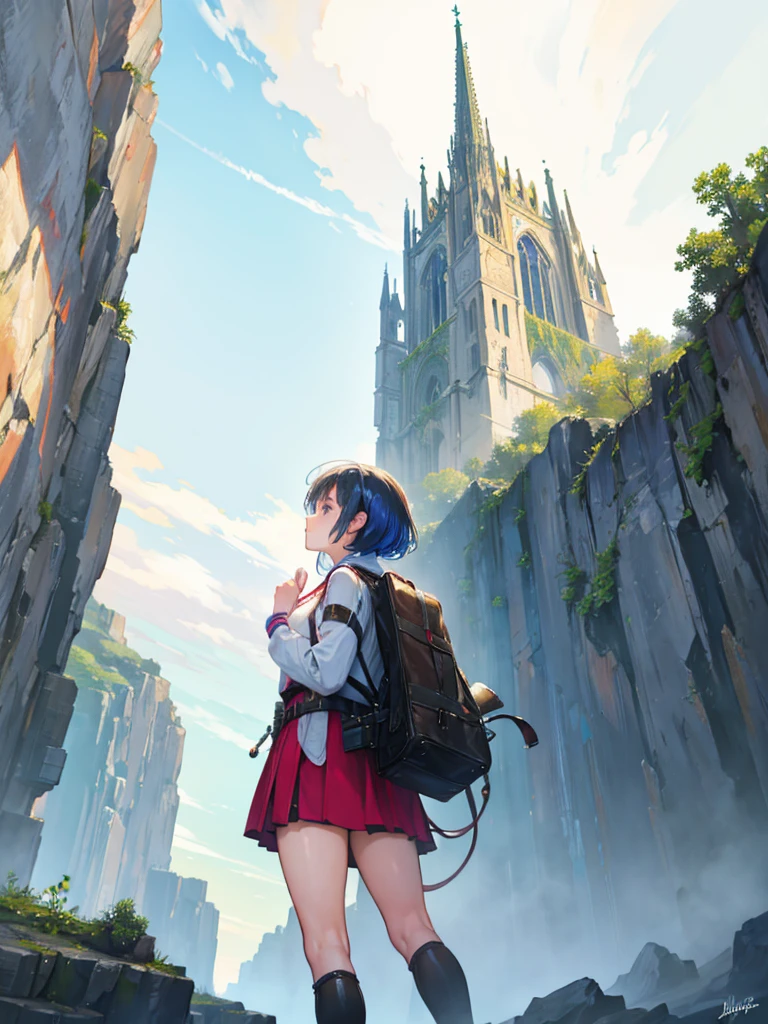 a young female  adventurer, she is standing in front of the tower, looking up, low angle, the background, A huge tower nestled in a magnificent canyon, magnificent and fantastic scenery, beautiful girl, vivid color