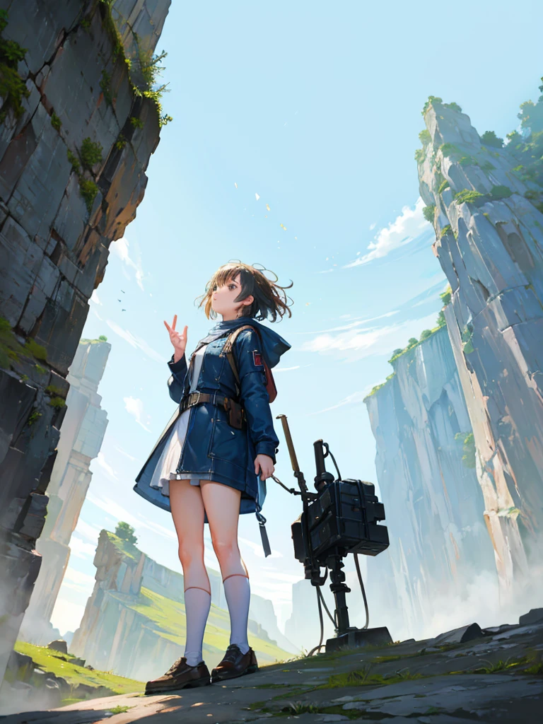 a young female  adventurer, she is standing in front of the tower, looking up, low angle, the background, A huge tower nestled in a magnificent canyon, magnificent and fantastic scenery, beautiful girl, vivid color