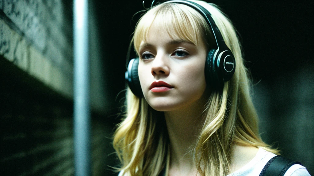 Beautiful blonde with big breasts in black mode casual (In a dark tunnel、sit),Wearing headphones,Very detailed, 21 years old, Innocent face, Wavy Hair, blue eyes, High resolution, masterpiece, Highest quality, Intricate details, Very detailed, Clear focus, Delicate skin, practical skin texture, texture, Delicate eyes, Professional, 4K, Sad face,despair、 Shot with Canon, 85mm, Shallow and deep, Kodak Vision Color, Exactly, Very detailed, photograph_\(Extremist\), photographpractical, practical, Post-processing, Maximum details, Roughness, Real Life, Extremist practical, Photorealism, photographgraphy, 8K Ultra HD, photographgraphy