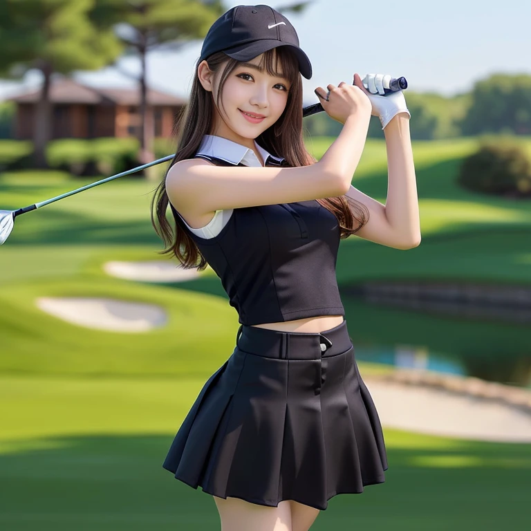 Photo-realistic quality、A 20-year-old Japanese idol playing golf in black golf wear and a black hat, girl weaまたg uniform,Photo of slim girl model, Japanese Model, Wearing black clothes, weaまたg black vest and skirt, Japanese Girls , Professional sports style, mini skirt, looking at the camera、Detailed and beautiful eyes、Cute smile、A soft and gentle look