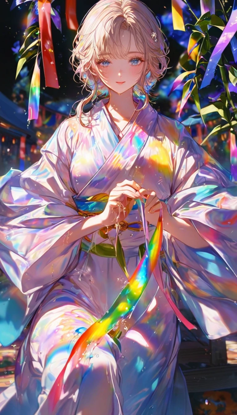 Tanabata、Strip、Bamboo leaf、Stripに願いをこめて、Stripを持っている、Grilling in a yukata,fluid,Particles of light, dream-like,Sparkling,dream-like glow,Paint drips,oil,strong stroke,Paint drips,Splash Paint Drop, oil,(Abstract:1.2)A girl and a boy made up of(Tanabataライトトレース:1.25),Change to (Radioluminescence light tracking) スタイルTanabata,They are Orihime and Hikoboshi(Cowboy Shot,Above Knee Portrait:1.25),Temple Fair,Summer festival,Shining in rainbow colors、16K, Ultra-high resolution, to be born,wonderful ,future、Iridescent、The world 30 years from now。