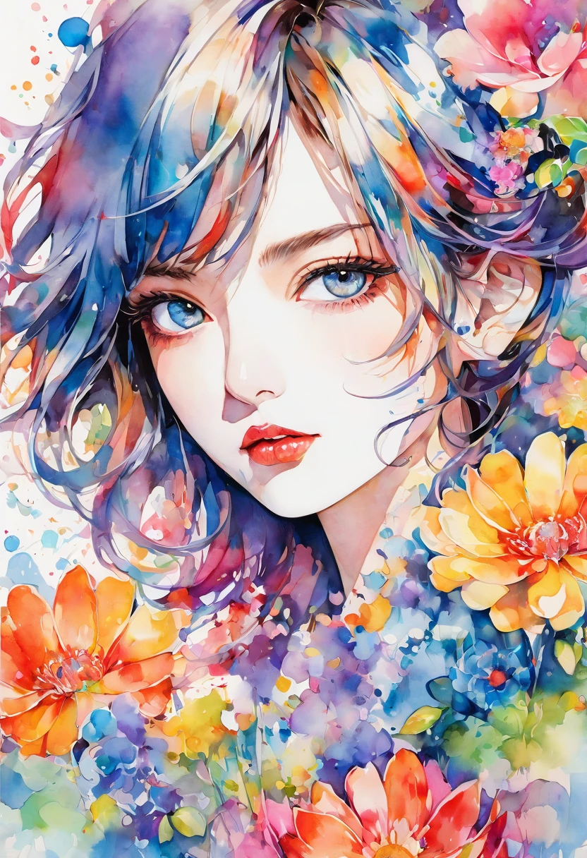 beautiful woman upper body portrait, Sylvia Pelissero watercolors, colorful flowers、beautiful eyes、 abstract art, intense watercolor, watercolor detailed art, watercolor splash, surreal, avant-garde pop art, Beautiful and expressive paintings, Beautiful artwork illustration, very colorful tones, wonderful, cool beauty, highest quality,official art, women only, sharp outline, best shot, vector art, lips in love、 (((The strongest beautiful women of all time))), (((Japanese)))、clear, (((highest quality))), lips in love, HDR, ((Detailed details)), stylish fashion, detailed clothing texture, (((graffiti art))), colorful hair, ((masterpiece))、((Super detailed))