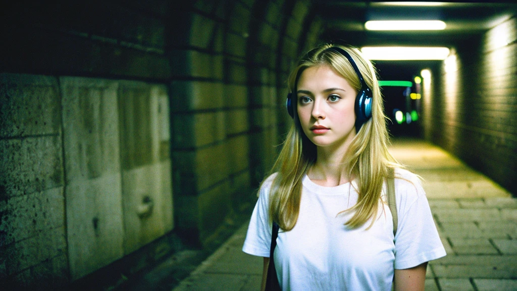 Beautiful blonde with big breasts in a T-shirt (In the tunnel late at night、walk),Wearing headphones,Very detailed, 21 years old, Innocent face, Long Straight Hair, blue eyes, High resolution, masterpiece, Highest quality, Intricate details, Very detailed, Clear focus, Delicate skin, practical skin texture, texture, Delicate eyes, Professional, 4K, Sad face,despair、 Shot with Canon, 85mm, Shallow and deep, Kodak Vision Color, Exactly, Very detailed, photograph_\(Extremist\), photographpractical, practical, Post-processing, Maximum details, Roughness, Real Life, Extremist practical, Photorealism, photographgraphy, 8K Ultra HD, photographgraphy