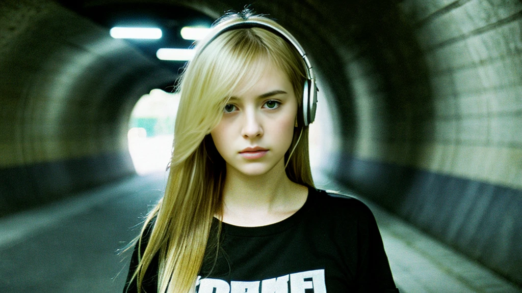 Beautiful blonde with big breasts in a T-shirt (In the tunnel late at night、walk),Wearing headphones,Very detailed, 21 years old, Innocent face, Long Straight Hair, blue eyes, High resolution, masterpiece, Highest quality, Intricate details, Very detailed, Clear focus, Delicate skin, practical skin texture, texture, Delicate eyes, Professional, 4K, Sad face,despair、 Shot with Canon, 85mm, Shallow and deep, Kodak Vision Color, Exactly, Very detailed, photograph_\(Extremist\), photographpractical, practical, Post-processing, Maximum details, Roughness, Real Life, Extremist practical, Photorealism, photographgraphy, 8K Ultra HD, photographgraphy
