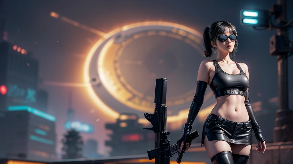 8k, Realistic Skin Texture, Realistic Photo, Neo Tokyo, slim women, large-breast:1.4 cleavage:1.3, AD2050 at night, Dirty hunting jacket, Wearing tube top, miniskirt, (((black sunglasses, automatic rifle, sneakers, cold, shooting pose, very low angle view))), Innovative composition, revenge, cyberpunk, blade runner worldview, Large neon sign, Geisha hologram sign, Strong Wakamoto Sign.