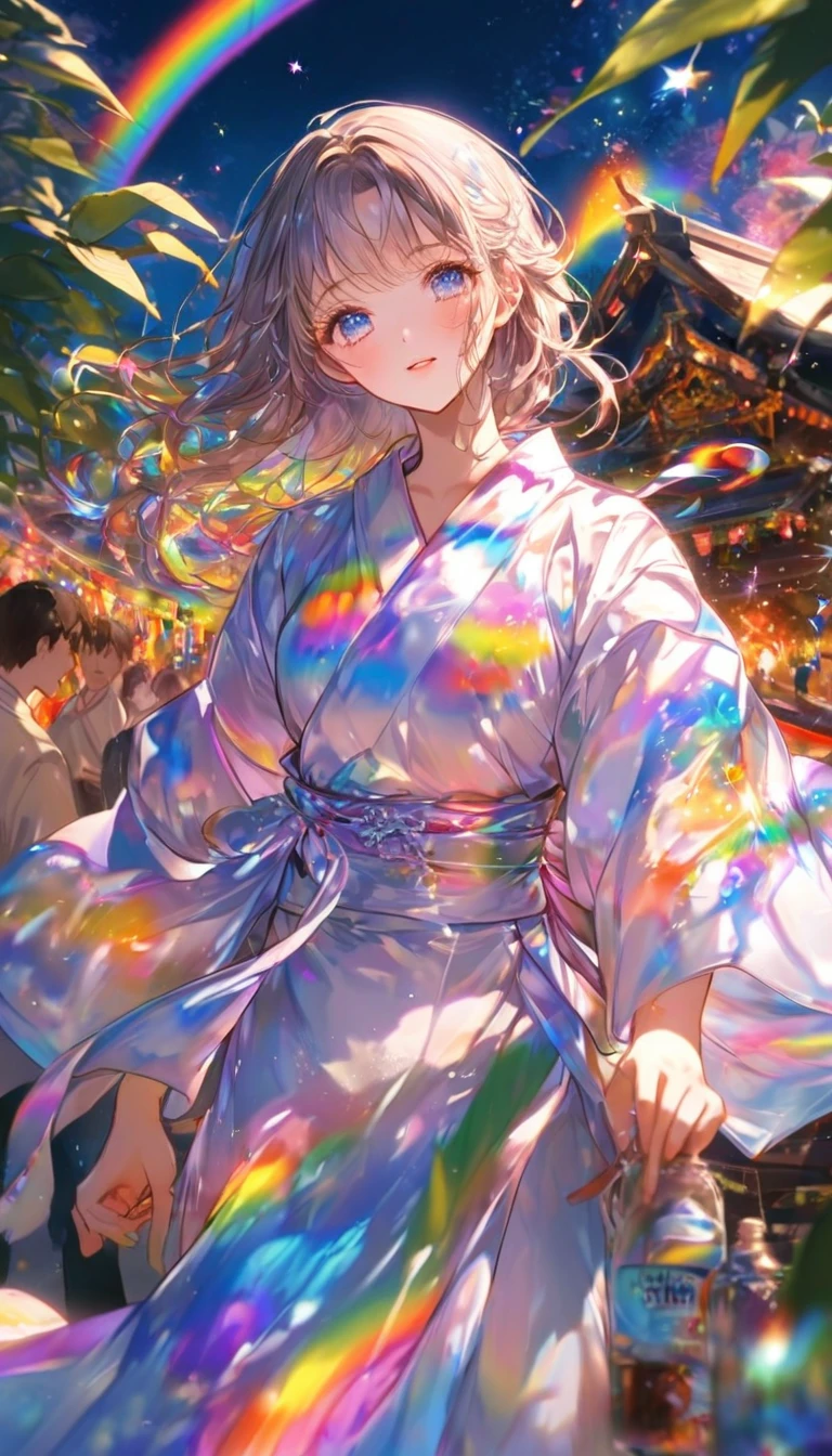 Two people、Tanabata、Strip、Bamboo leaf、Stripに願いをこめて、Stripを持っている、Grilling in a yukata,fluid,Particles of light, dream-like,Sparkling,dream-like glow,Paint drips,oil,strong stroke,Paint drips,Splash Paint Drop, oil,(Abstract:1.2)A girl and a boy made up of(Tanabataライトトレース:1.25),Change to (Radioluminescence light tracking) スタイルTanabataのSummer festival,Two peopleは織姫と彦星(Cowboy Shot,Above Knee Portrait:1.25),Temple Fair,Summer festival,Shining in rainbow colors、16K, Ultra-high resolution, to be born,wonderful ,future、Iridescent、The world 30 years from now。