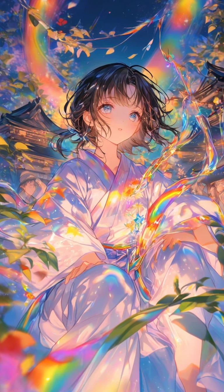 Tanabata、Strip、Bamboo leaf、Stripに願いをこめて、Stripを持っている、Grilling in a yukata,fluid,Particles of light, dream-like,Sparkling,dream-like glow,Paint drips,oil,strong stroke,Paint drips,Splash Paint Drop, oil,(Abstract:1.2)A girl and a boy made up of(Tanabataライトトレース:1.25),Change to (Radioluminescence light tracking) スタイルTanabata,They are Orihime and Hikoboshi(Cowboy Shot,Above Knee Portrait:1.25),Temple Fair,Summer festival,Shining in rainbow colors、16K, Ultra-high resolution, to be born,wonderful ,future、Iridescent、The world 30 years from now。