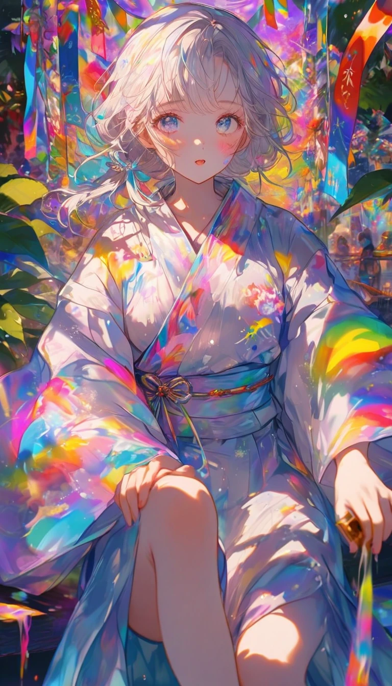 Tanabata、Strip、Bamboo leaf、Stripに願いをこめて、Stripを持っている、Grilling in a yukata,fluid,Particles of light, dream-like,Sparkling,dream-like glow,Paint drips,oil,strong stroke,Paint drips,Splash Paint Drop, oil,(Abstract:1.2)A girl and a boy made up of(Tanabataライトトレース:1.25),Change to (Radioluminescence light tracking) スタイルTanabata,They are Orihime and Hikoboshi(Cowboy Shot,Above Knee Portrait:1.25),Temple Fair,Summer festival,Shining in rainbow colors、16K, Ultra-high resolution, to be born,wonderful ,future、Iridescent、The world 30 years from now。