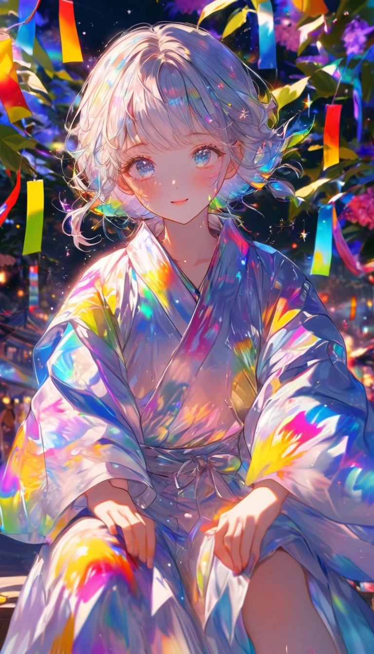 Tanabata、Strip、Bamboo leaf、Stripに願いをこめて、Stripを持っている、Grilling in a yukata,fluid,Particles of light, dream-like,Sparkling,dream-like glow,Paint drips,oil,strong stroke,Paint drips,Splash Paint Drop, oil,(Abstract:1.2)A girl and a boy made up of(Tanabataライトトレース:1.25),Change to (Radioluminescence light tracking) スタイルTanabata,They are Orihime and Hikoboshi(Cowboy Shot,Above Knee Portrait:1.25),Temple Fair,Summer festival,Shining in rainbow colors、16K, Ultra-high resolution, to be born,wonderful ,future、Iridescent、The world 30 years from now。