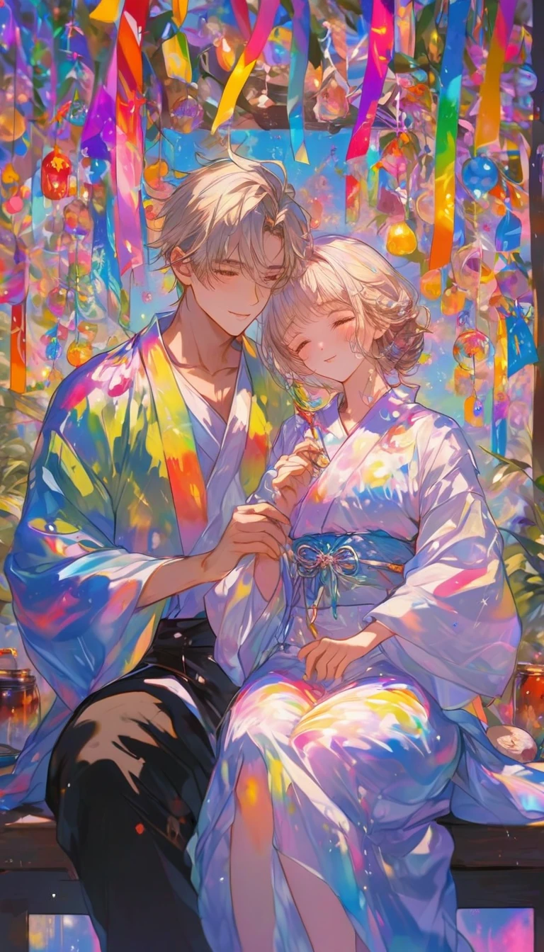 Tanabata、Strip、Bamboo leaf、Stripに願いをこめて、Stripを持っている、Grilling in a yukata,fluid,Particles of light, dream-like,Sparkling,dream-like glow,Paint drips,oil,strong stroke,Paint drips,Splash Paint Drop, oil,(Abstract:1.2)A girl and a boy made up of(Tanabataライトトレース:1.25),Change to (Radioluminescence light tracking) スタイルTanabata,They are Orihime and Hikoboshi(Cowboy Shot,Above Knee Portrait:1.25),Temple Fair,Summer festival,Shining in rainbow colors、16K, Ultra-high resolution, to be born,wonderful ,future、Iridescent、The world 30 years from now。
