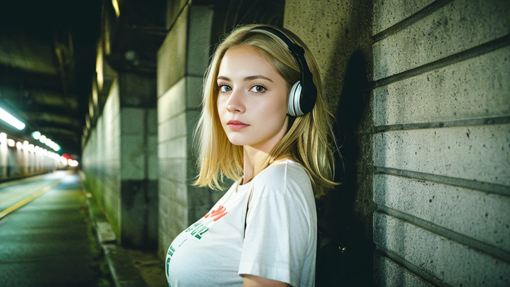 Beautiful blonde with big breasts in a T-shirt (In the tunnel late at night、walk),Wearing headphones,Very detailed, 21 years old, Innocent face, Ponytail Hair, blue eyes, High resolution, masterpiece, Highest quality, Intricate details, Very detailed, Clear focus, Delicate skin, practical skin texture, texture, Delicate eyes, Professional, 4K, Sad face,despair、 Shot with Canon, 85mm, Shallow and deep, Kodak Vision Color, Exactly, Very detailed, photograph_\(Extremist\), photographpractical, practical, Post-processing, Maximum details, Roughness, Real Life, Extremist practical, Photorealism, photographgraphy, 8K Ultra HD, photographgraphy