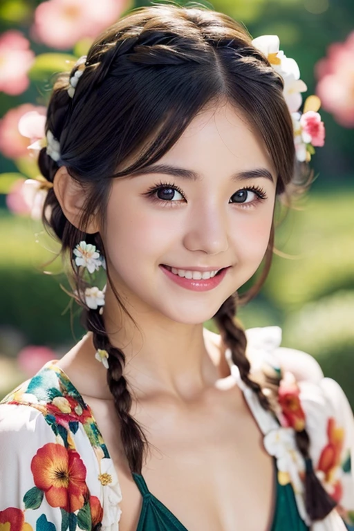 One Woman、Floral Costume、Surreal、French Braid、short hair:1.46、A kind smile、Busty、Fuller lips、Small Nose、Small breasts、Small breasts、Blurred Background、