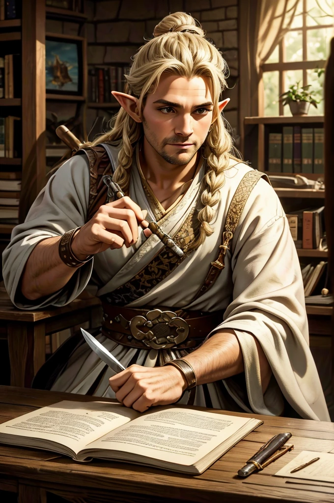 magical bracers, a large curved blade, hair braided, A sword is on the table in front of him, a 40-year-old Male Elf is sitting behind a table filled with papers and open books the background an office or a library with lots of papers and maps on the wall. He is wearing a Taoist cleric robe. There is a sword on the table.
