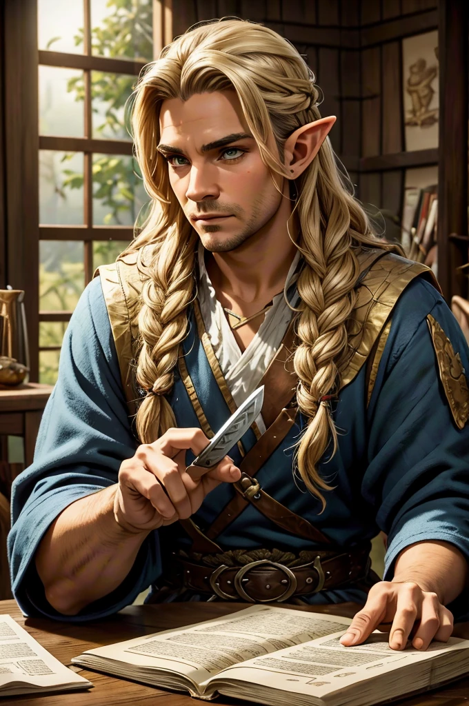 magical bracers, a large curved blade, hair braided, A sword is on the table in front of him, a 40-year-old Male Elf is sitting behind a table filled with papers and open books the background an office or a library with lots of papers and maps on the wall. He is wearing a Taoist cleric robe. There is a sword on the table.

