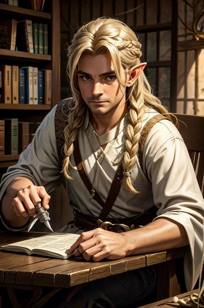 magical bracers, a large curved blade, hair braided, A sword is on the table in front of him, a 40-year-old Male Elf is sitting behind a table filled with papers and open books the background an office or a library with lots of papers and maps on the wall. He is wearing a Taoist cleric robe. There is a sword on the table.