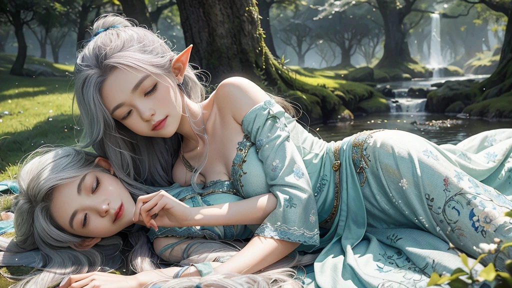 Under the protective cover of a majestic old oak tree, a young elf girl sleeps peacefully. Her silver hair spreads like a sparkling stream across the carpet of blue moss, framing her delicate face. She is dressed in a light silk dress, emerald green in color, dotted with floral patterns that seem to dance in the light of the stars. Her pointy ears protrude gracefully from her hair, testifying to her elven heritage. A serene smile floats on her pink lips, while her thin eyelids hide deep blue eyes. All around her, the forest is plunged into an enchanting silence, disturbed only by the gentle murmur of the wind and the distant song of an owl. The fireflies float gently around his sleeping body, creating a magical, ethereal aura, as if time itself had decided to slow down to preserve this moment of pure tranquility.sleeping