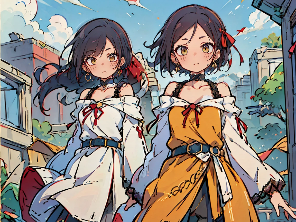 masutepiece, Best Quality, Ultra-detailed, (hui xiyi:0.7), rekkyo sensen, rekkyou sensen, girls with((black hair, bangs, showa town, fantasy world, ruins, fort, beautiful sky, shining sky, sunshine, waving, hair ribbon, belt, choker, black choker, wind blowing dress, lace dress, earrings, off-shoulder sleeves, wool sweaters, Chest exposure, Lace underwear, Metamorphosis is exposed
