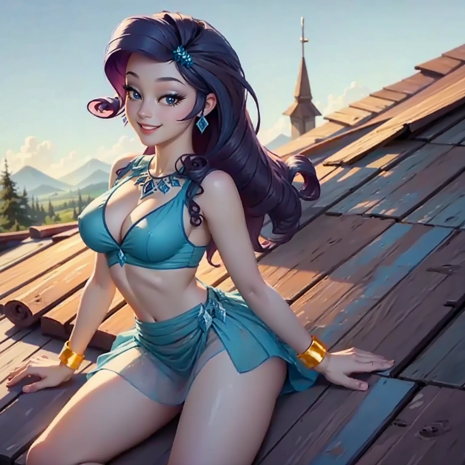 (((beautiful female body))),(((rarity as a sweet charming hot seductive horny girl ))) ,(((lay on her side on the rooftop of wooden cabin next to valley spread legs)))),(((landscape in background))),(((lewd and erotic posing))), (((happy wicked smile))) ,(((touching her own vagina ))),(((wear light blue sheer lace transparent see through very short dress))) , (((upskirt view))) , breasts are visible , (((wear high heels))) , golden bracelets,(((jewels))) , (((perfect big breasts))) , lush breasts , Bulky Breasts , voluminous breasts , eye contact , full body are visible ,(((look at to viewer))),(((bare belly))),(((side close view)))