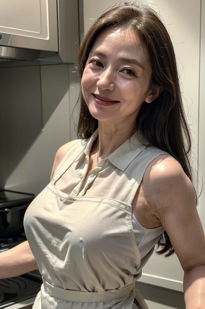 (masterpiece:1.4),(60-year-old woman:1.5),(facial wrinkles 1.2), (long hair : 1), A kind smile,maternal, Mature Woman, (thin white apron : 1.3), (sleeveless collared uniform : 1.2), acnes, skin blemishes, fleckles,(plump arms : 1.3), kitchen