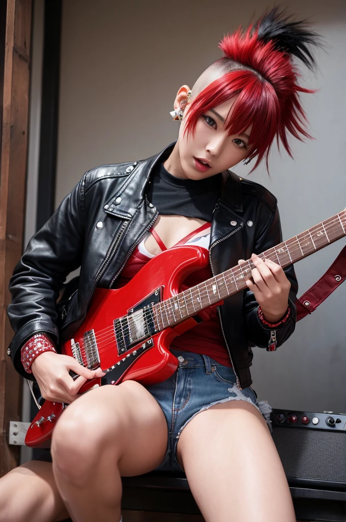 live house、Japanese young beautiful girl idol、Red Mohawk、Punk Fashion、Expose large breasts、Leather jacket with studs、Naked with a guitar between his legs、Tattoo、Giving a blowjob to an old man's erect penis、Spread your legs and expose your genitals