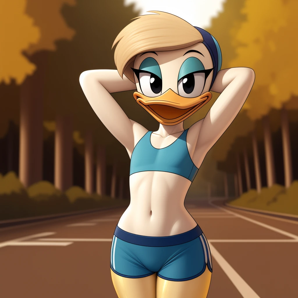 photorealism, duck, Betsy Duck, detailed background, outside, eyeshadow, tan hairstyle, cartoon, (flat chested), (yellow legs: 1.5), smiling, happy, ducktales

wear cyan sports bra, cyan shorts, hands behind head, intricate, detailed

simple black eyes, detailed, intricate, skinniest torso, (showing her torso)

highest quality, (detailed white skin:1.3), (looking at the viewer), (soft cinematic light:1.1) ,